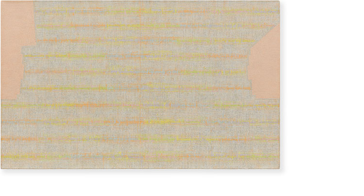 Threshold, SouthEast — Two [ spectrum : orange with grey ]    2010 — 2011, 2014    transfer chalk and oil on canvas    23 x 38 inches
