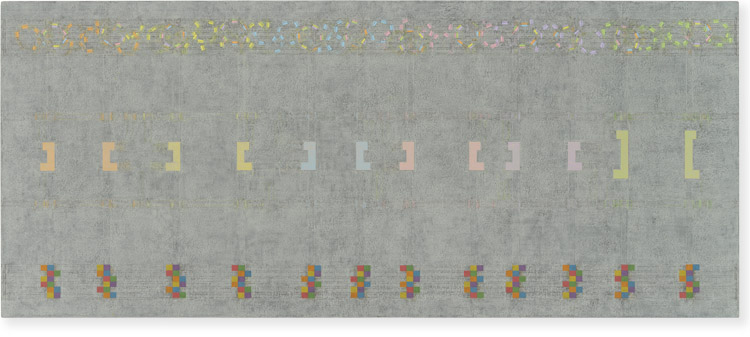 Threshold — score for six Plans : [ chambered spectrum : east to west ] : for E C N 2017 — 2019    oil on canvas    30 x 70 inches