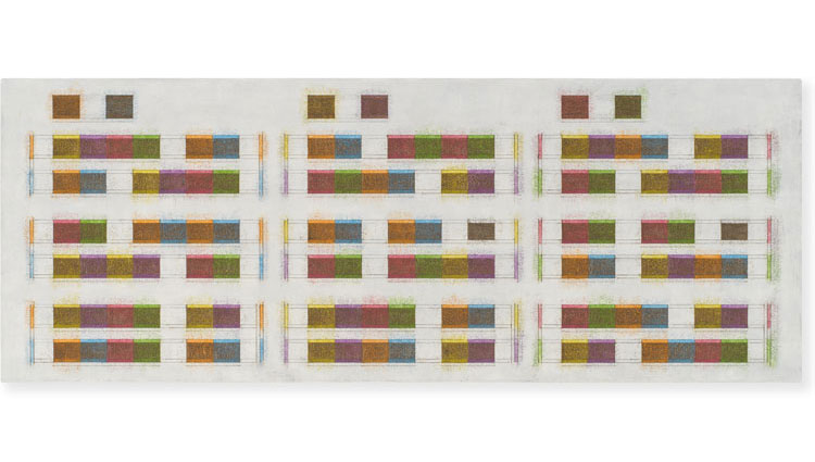 Cadenza, after Hermitage Thresholds : spectrum transcriptions [ east to west ] 2023 oil on canvas with graphite 23 x 61 inches