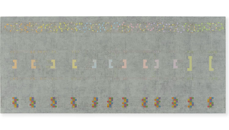 Threshold — score for six Plans : [ chambered spectrum : east to west ] : for E C N&amp;#160;&amp;#160;&amp;#160;&amp;#160;2017 — 2019&amp;#160;&amp;#160;&amp;#160;&amp;#160;oil on canvas&amp;#160;&amp;#160;&amp;#160;&amp;#160;30 x 70 inches